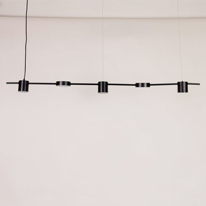 Black linear pendant light displayed unlit on white background with multiple adjustable heads for modern dining or kitchen lighting.