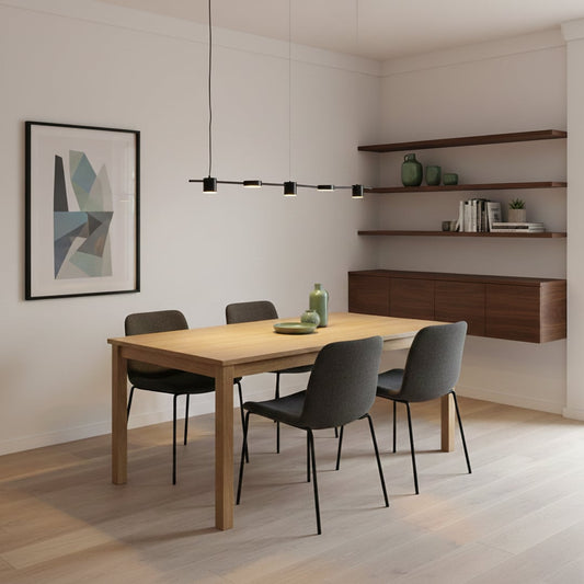Linear pendant light styled in a modern interior featuring slim metal bar design ideal for dining kitchen and contemporary spaces.