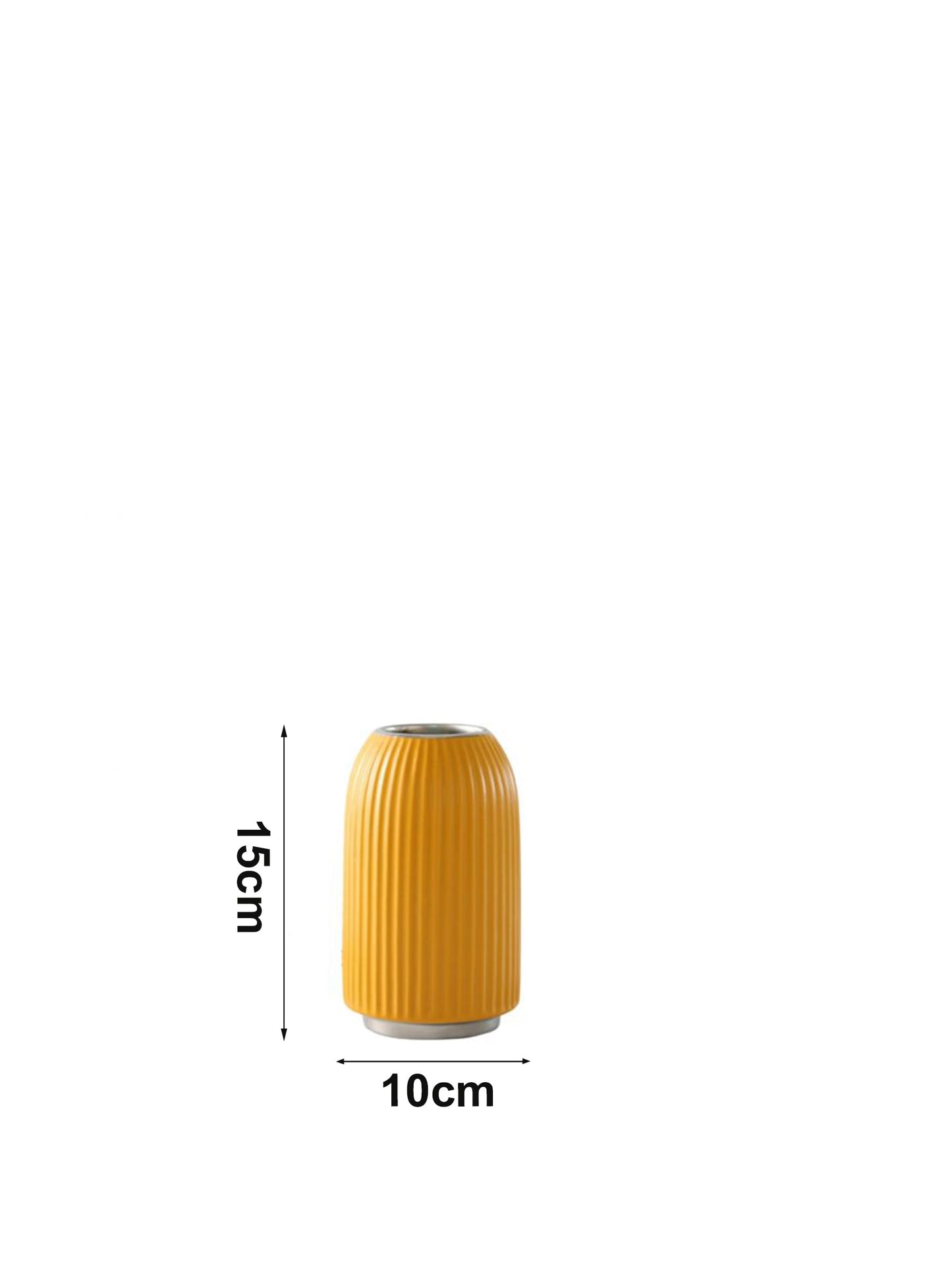 A yellow ribbed vase displayed with measurement markings showing 10 cm width and 15 cm height providing clear and accurate product dimensions.