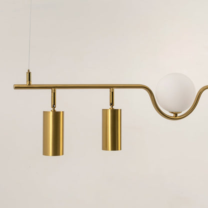 Detailed closeup of gold chandelier showing curved frame frosted spheres and spotlights with refined craftsmanship.