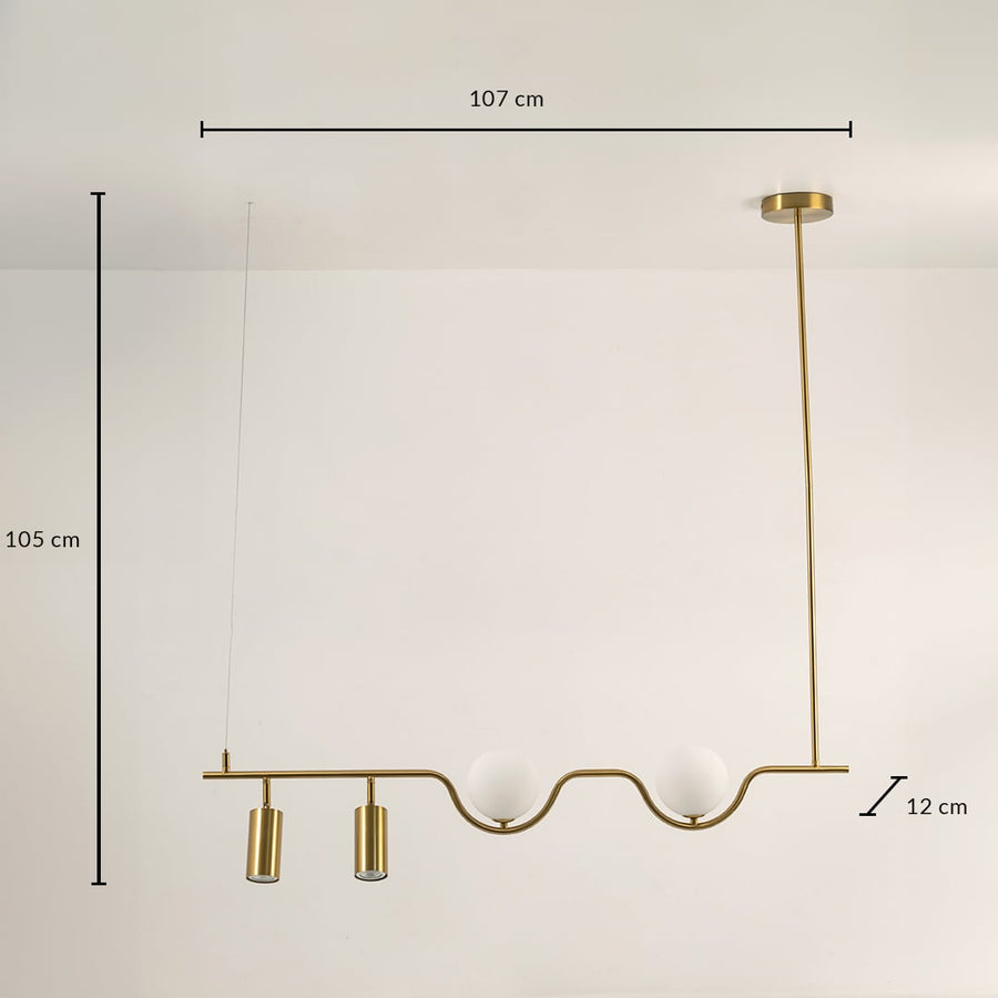Gold linear chandelier with 107 cm width 105 cm height and 12 cm depth shown clearly for accurate ceiling placement.