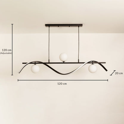 Black wave chandelier measuring 120 cm width 120 cm adjustable height and 20 cm depth for accurate ceiling placement.