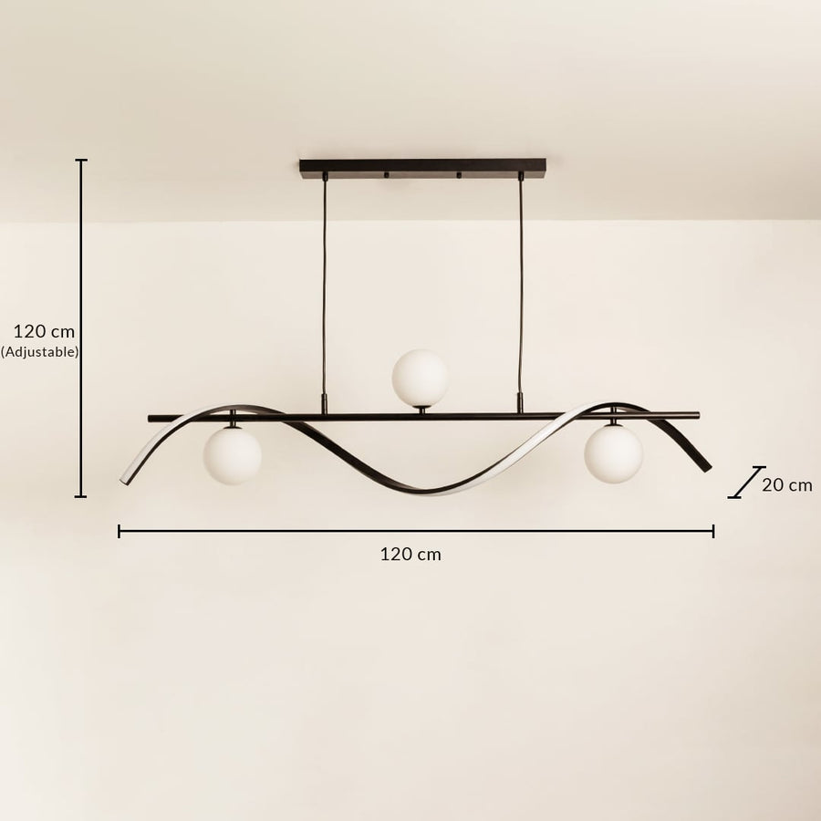 Black wave chandelier measuring 120 cm width 120 cm adjustable height and 20 cm depth for accurate ceiling placement.