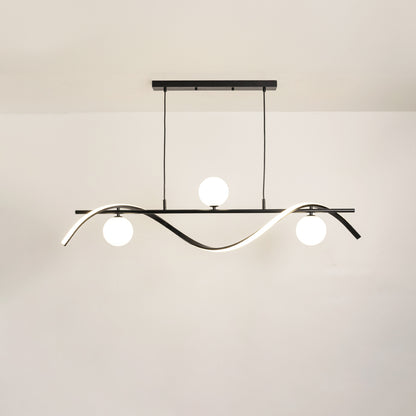 Black metal chandelier with frosted glass globe shades and curved frame creating modern ambient ceiling lighting indoors.