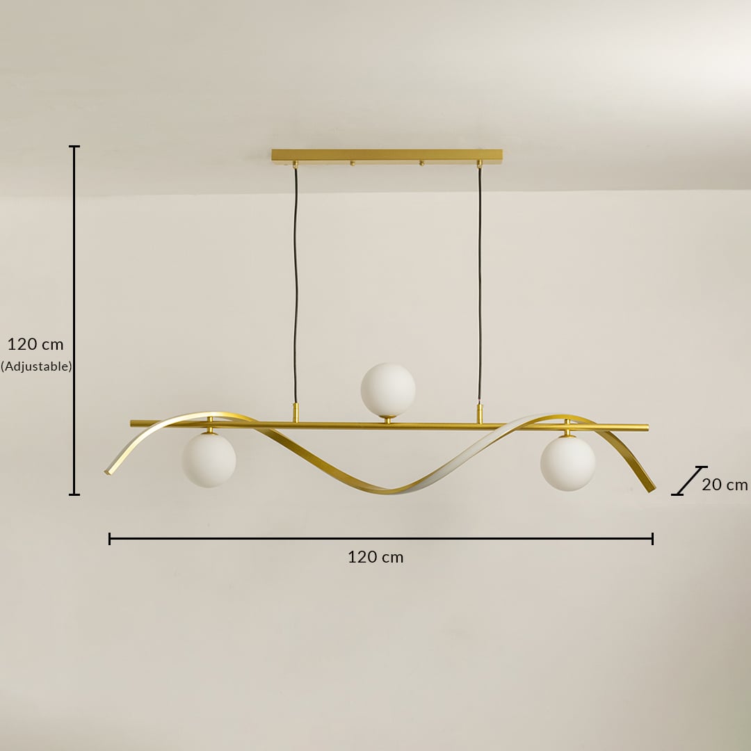 Gold metal wave chandelier with white globes shown with 120 cm width 20 cm depth and adjustable 120 cm height for modern ceiling lighting.