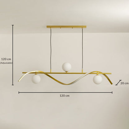 Gold metal wave chandelier with white globes shown with 120 cm width 20 cm depth and adjustable 120 cm height for modern ceiling lighting.