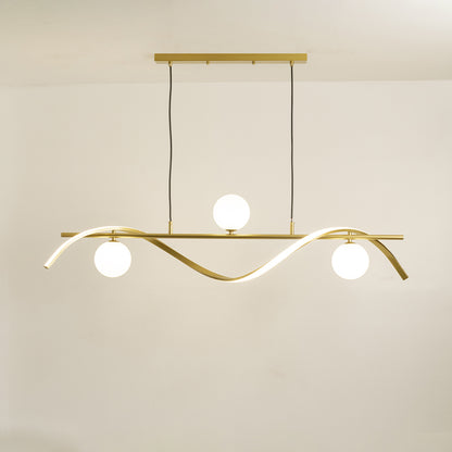 Gold metal chandelier with frosted glass globe shades and curved LED frame creating sophisticated modern ceiling lighting.