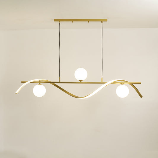 Gold metal chandelier with frosted glass globe shades and curved LED frame creating sophisticated modern ceiling lighting.