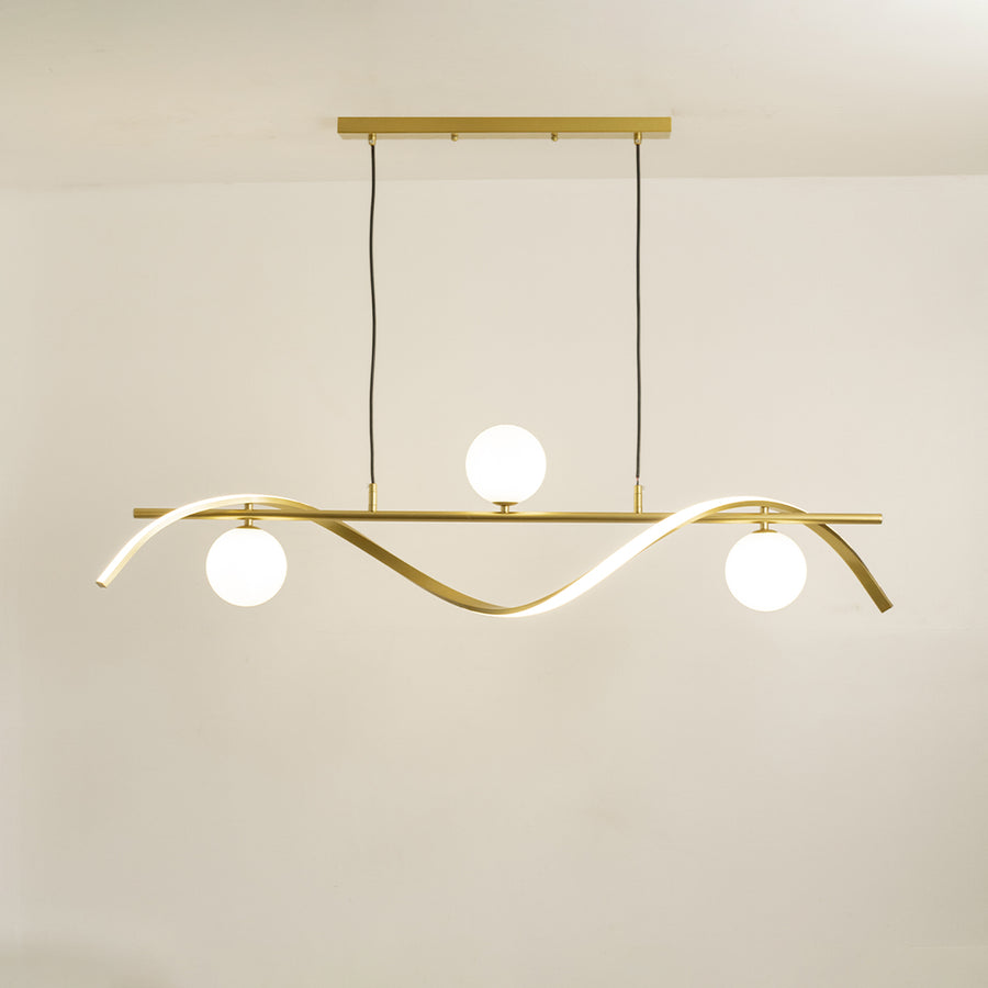 Gold metal chandelier with frosted glass globe shades and curved LED frame creating sophisticated modern ceiling lighting.
