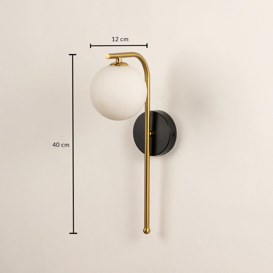 A gold and black wall sconce with a frosted globe shade shown with clear dimensions displaying a height of 40 cm and a width of 12 cm for accurate placement.