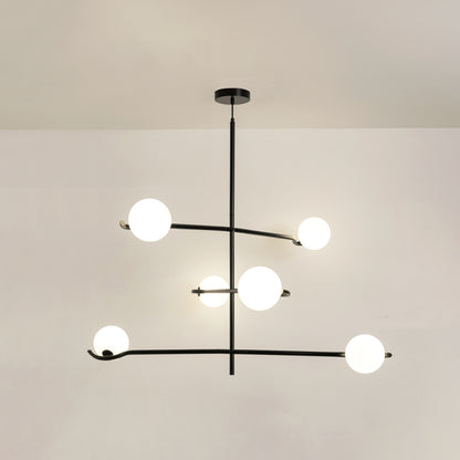 Black metal chandelier with frosted glass globe shades and geometric frame offering contemporary ceiling lighting design.
