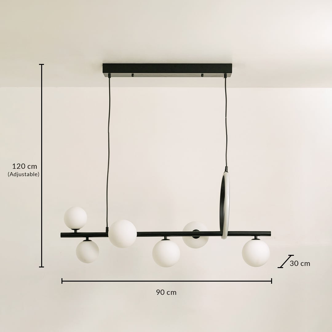 Black metal chandelier with 120 cm adjustable height 90 cm width and 30 cm depth shown clearly for accurate placement.