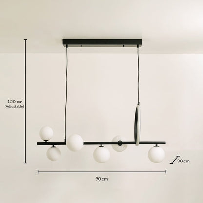 Black metal chandelier with 120 cm adjustable height 90 cm width and 30 cm depth shown clearly for accurate placement.