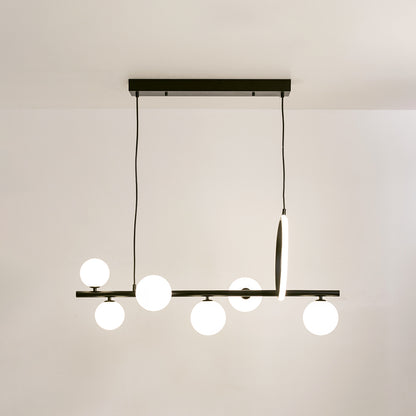 Black metal chandelier with frosted glass globe shades and integrated LED accent offering contemporary ambient lighting.