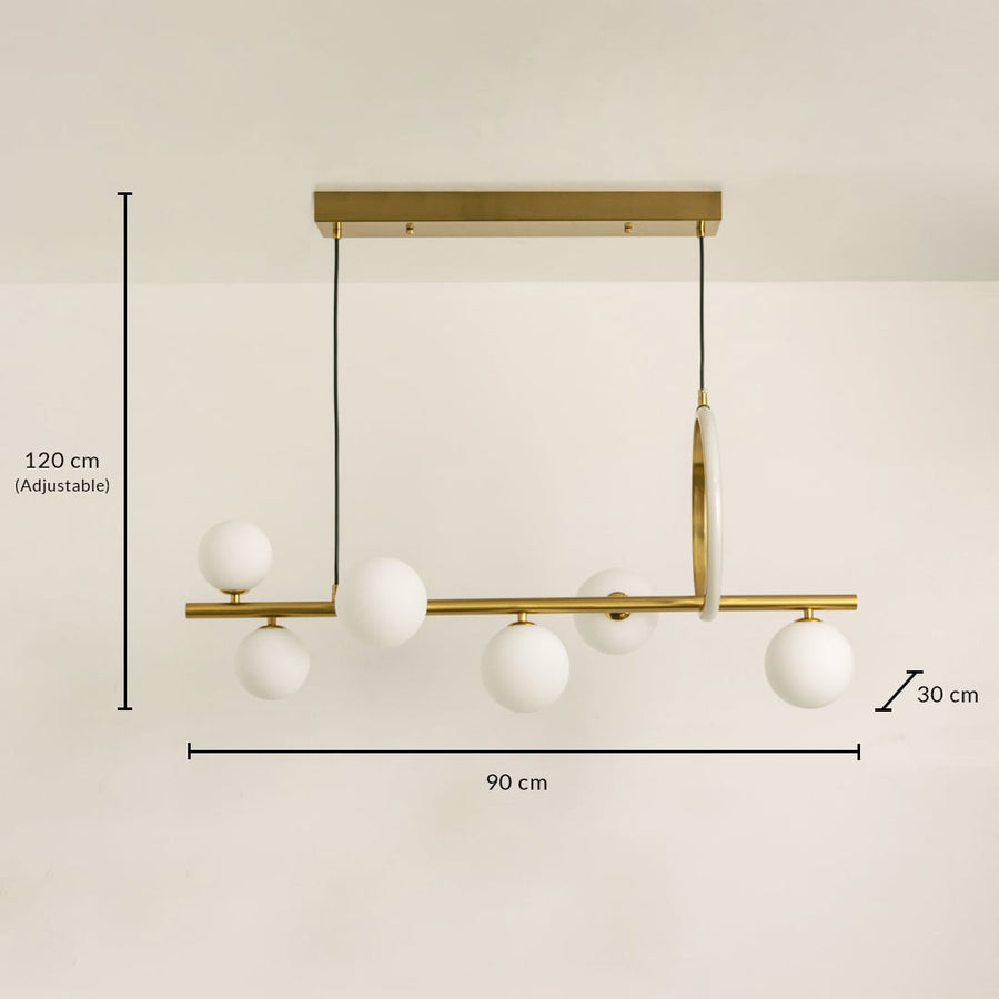 Gold metal chandelier with 120 cm adjustable height 90 cm width and 30 cm depth shown clearly for accurate placement.