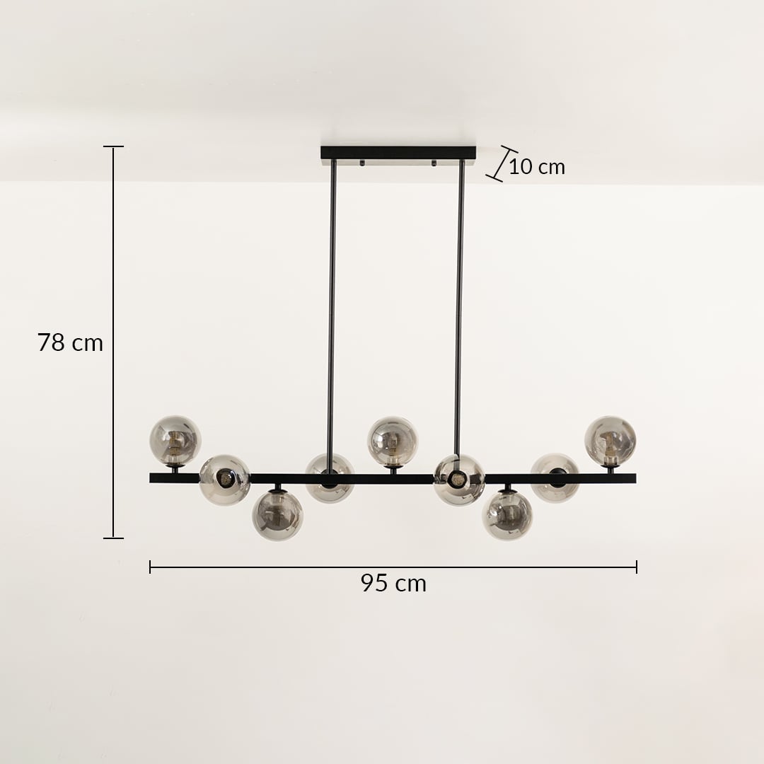 Smoked glass globe chandelier with black metal frame measuring 78 cm height and 95 cm width for modern interiors.