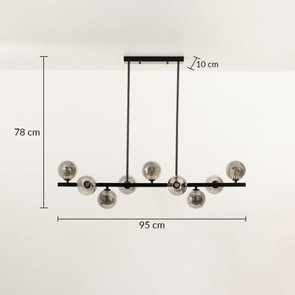 Smoked glass globe chandelier with black metal frame measuring 78 cm height and 95 cm width for modern interiors.