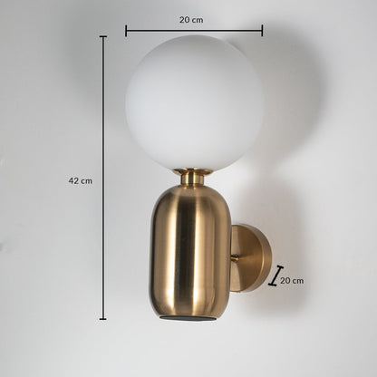 Brass wall sconce with frosted glass globe shade dimension view 42 cm height 20 cm width 20 cm depth for wall lighting decor.