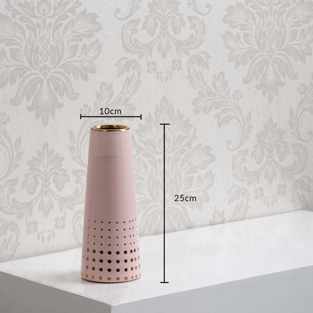 Pink ceramic vase with gold detailing shown with dimensions 25 cm height and 10 cm width for clear and accurate home decor planning.Pink ceramic vase with gold detailing shown with dimensions 25 cm height and 10 cm width for clear and accurate home decor