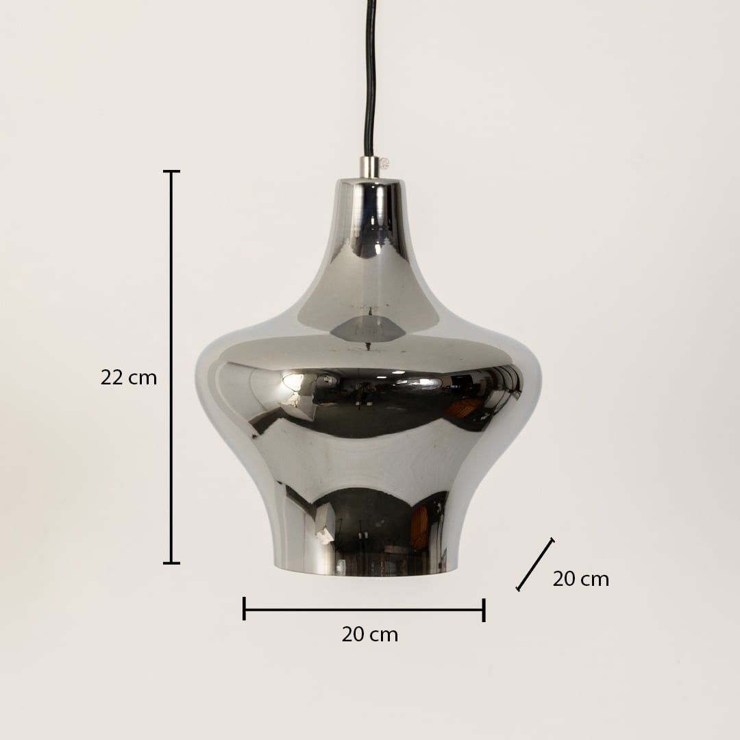 Pendant light with dimensions labeled 22 cm height and 20 cm width showcasing its modern chrome design and elegant curved structure.