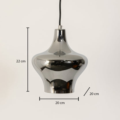 Pendant light with dimensions labeled 22 cm height and 20 cm width showcasing its modern chrome design and elegant curved structure.