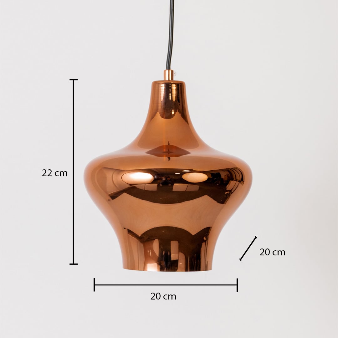 Copper finish metal pendant light dimension image with 20 cm width and 22 cm height for modern dining placement.