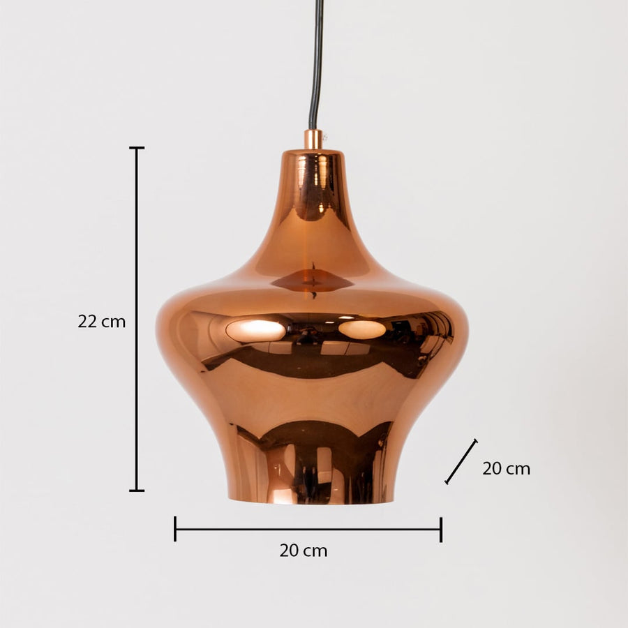 Copper finish metal pendant light dimension image with 20 cm width and 22 cm height for modern dining placement.