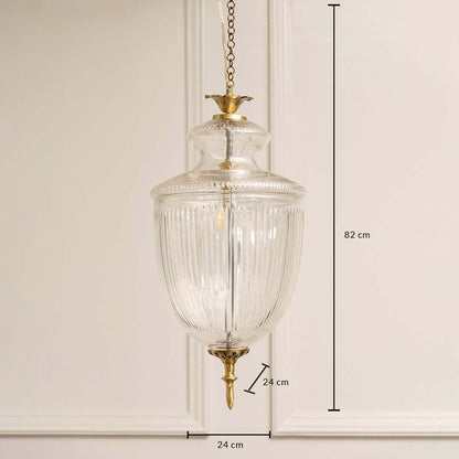 Dimension image of clear ribbed glass and antique brass pendant light showing 60 cm height and 20 cm width.