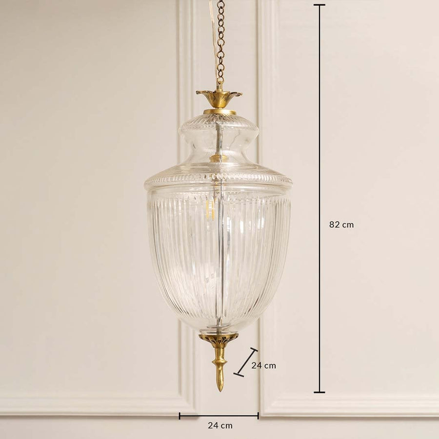 Dimension image of clear ribbed glass and antique brass pendant light showing 60 cm height and 20 cm width.