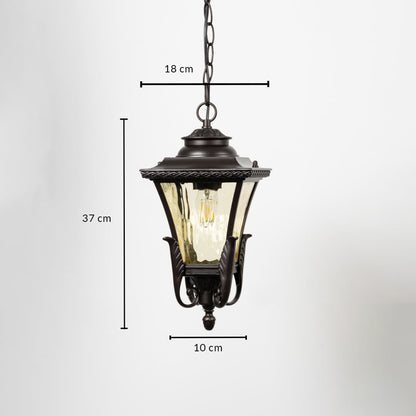 Outdoor hanging lantern light dimension image showing height 37 cm and width 18 cm in elegant bronze finish.
