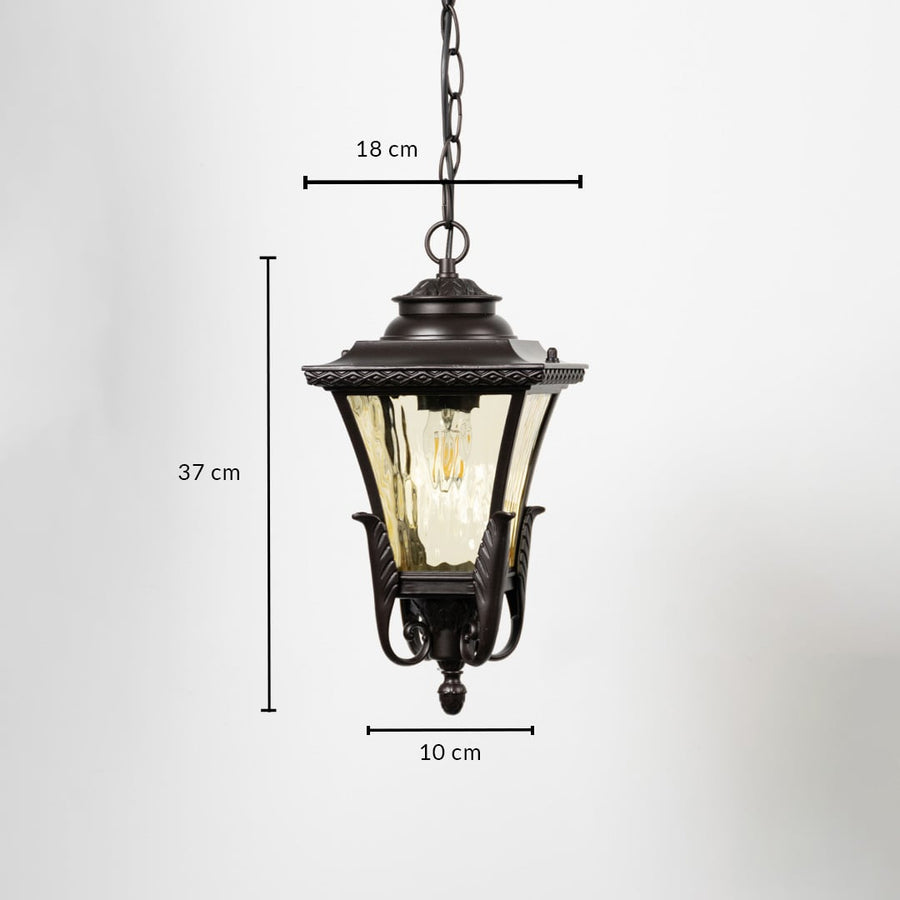 Outdoor hanging lantern light dimension image showing height 37 cm and width 18 cm in elegant bronze finish.