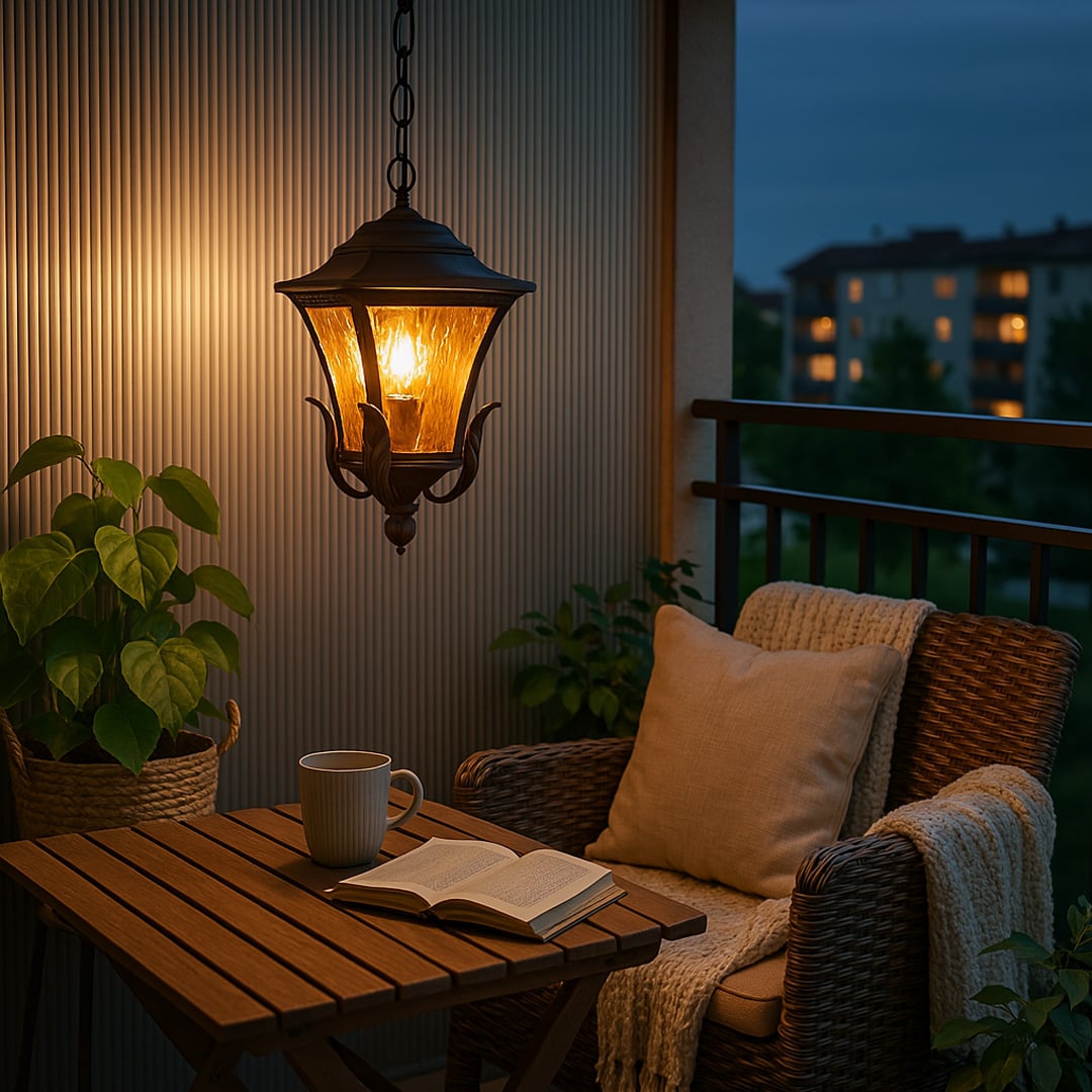 Stylish bronze hanging lantern light beautifully illuminating an exterior setting with golden glow.