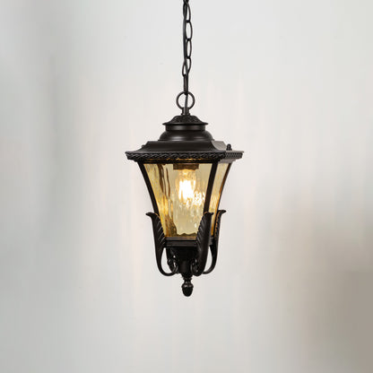 Vintage black metal hanging lantern light with textured glass for elegant balcony lighting decor.