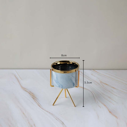 A compact marble finish planter on a gold metal stand featured with clear measurements showing 8 cm width and 5.5 cm height for reference.