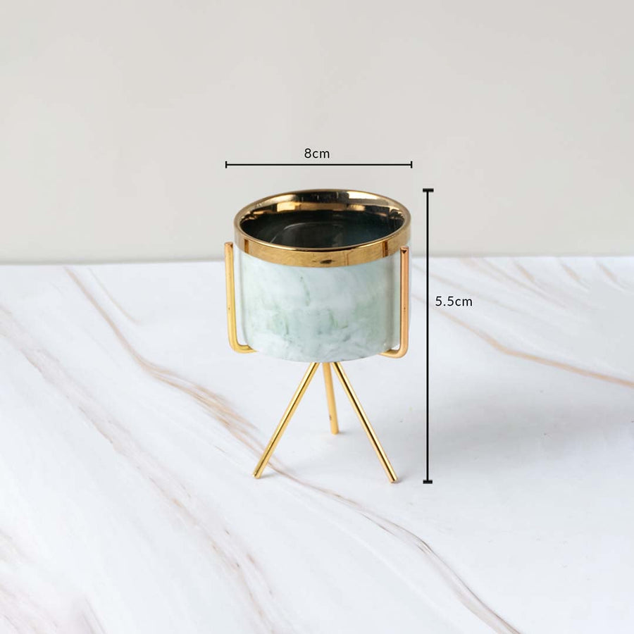 Mini marble planter on gold tripod stand showing dimensions 8 cm width and 5.5 cm height  displayed on a clean white marble background.