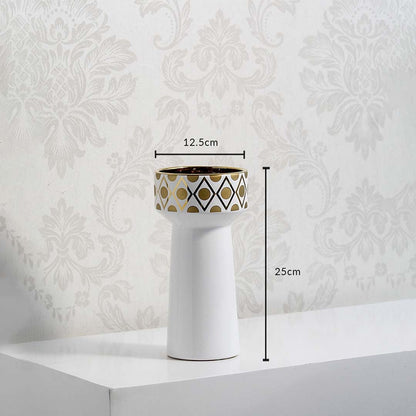 White ceramic vase 25cm height 12.5cm diameter with gold geometric pattern dimension image showing modern decorative piece.