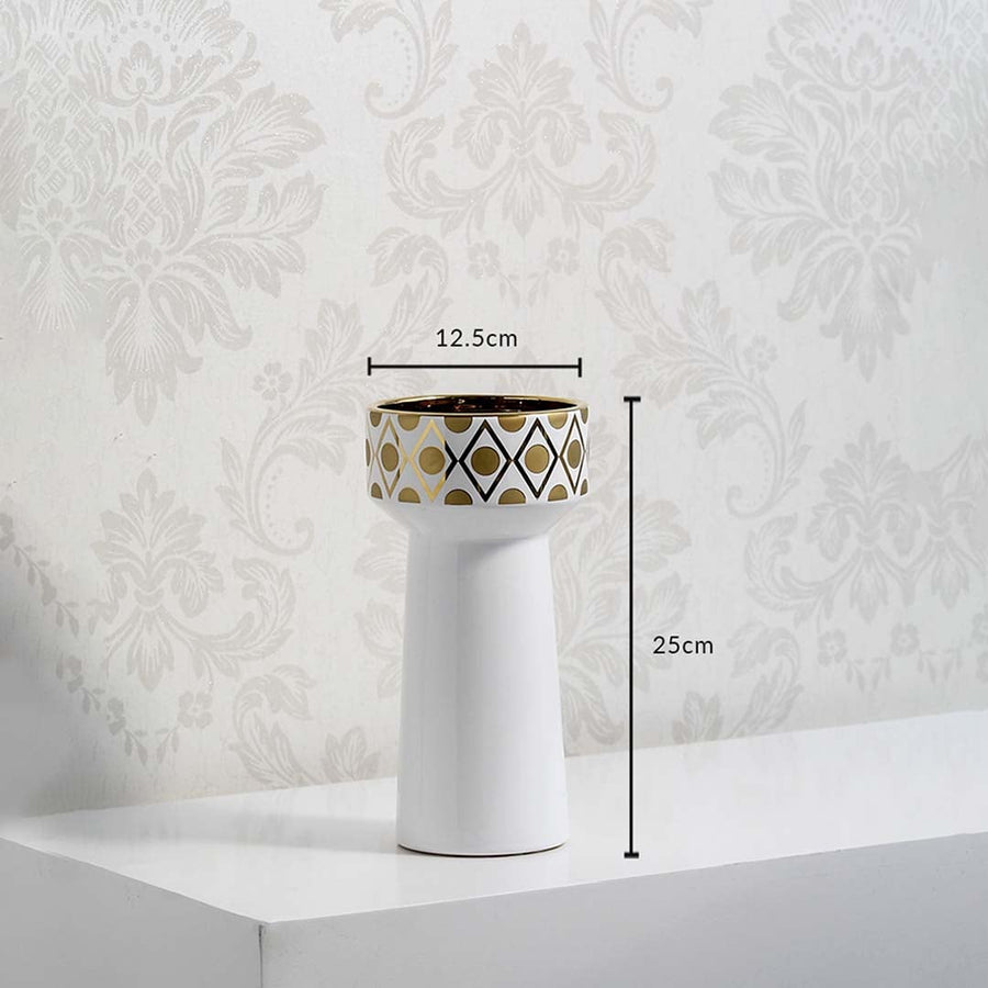 White ceramic vase 25cm height 12.5cm diameter with gold geometric pattern dimension image showing modern decorative piece.