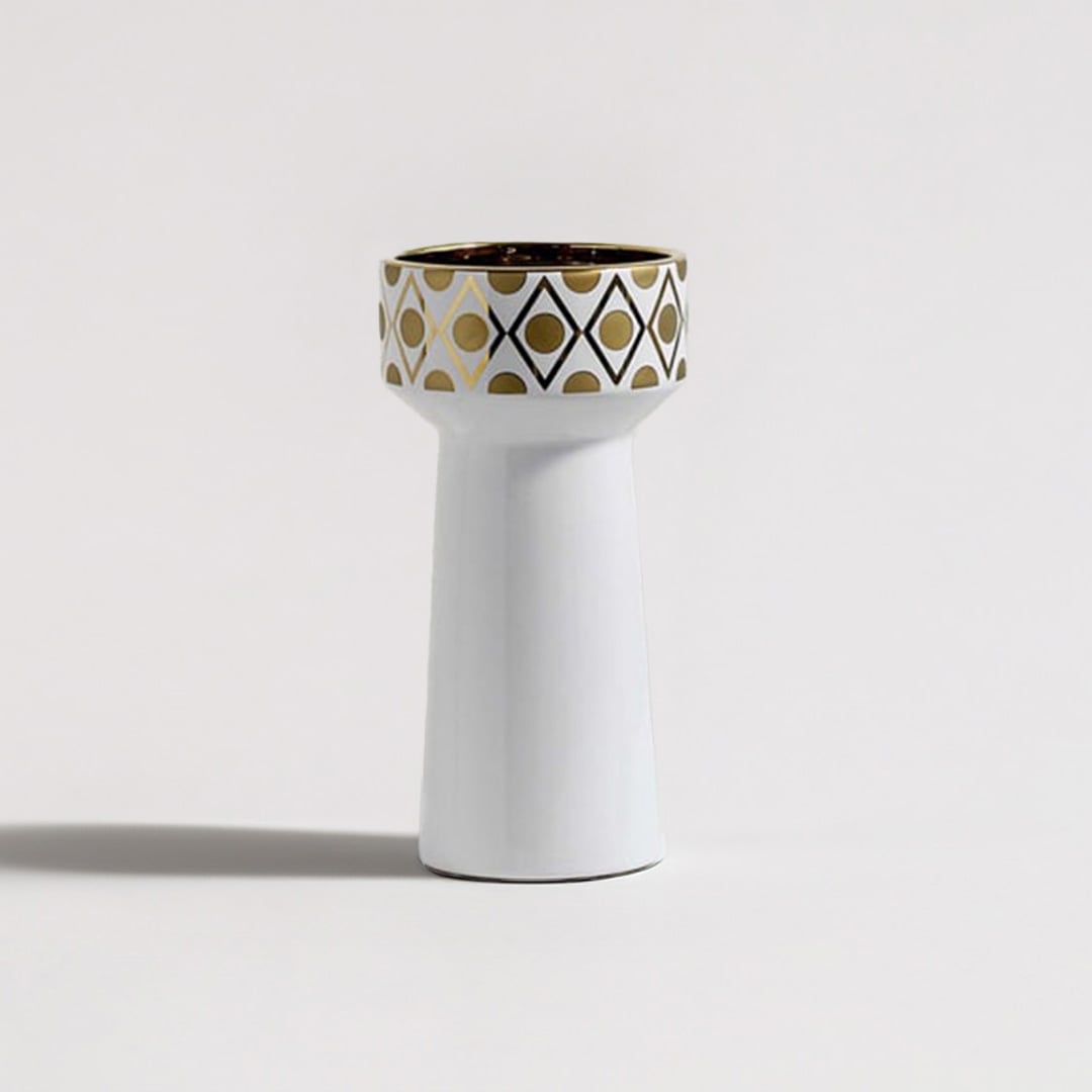 Modern white ceramic vase featuring gold and black diamond pattern on white background ideal for contemporary interior decor.
