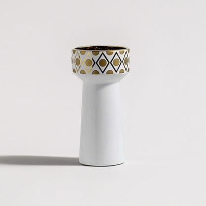 Modern white ceramic vase featuring gold and black diamond pattern on white background ideal for contemporary interior decor.