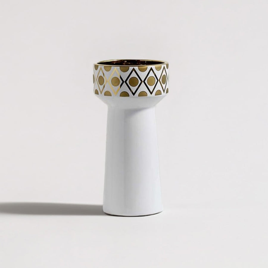 Modern white ceramic vase featuring gold and black diamond pattern on white background ideal for contemporary interior decor.