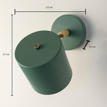 Technical diagram showing the green wall lamp dimensions with overall height 27cm shade diameter 13cm and base diameter 13cm measurements.