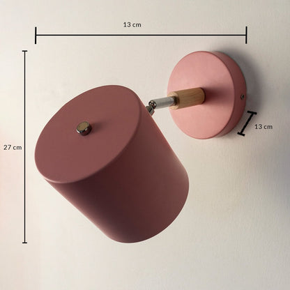 Pink wall light with wooden accent shown with 27 cm height and 13 cm width highlighting compact elegant design.