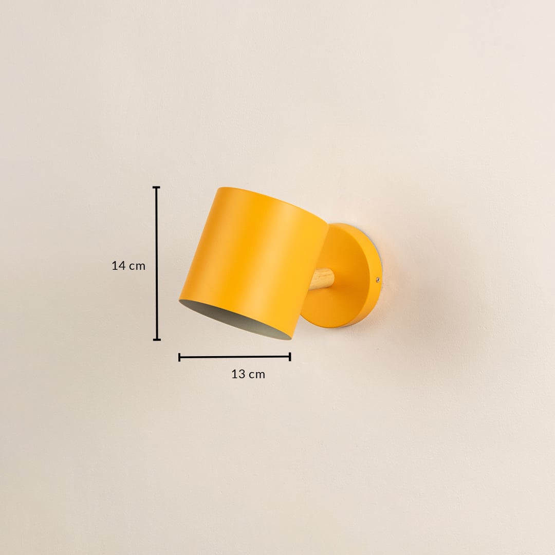 A yellow wall light on a white background measuring 14 cm in height and 13 cm in width shown clearly with dimension markers to display accurate product sizing.