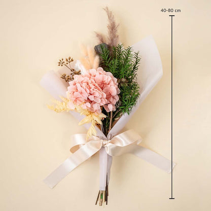 Flower bouquet size 40 to 80 cm is a preserved floral bunch with hydrangea pampas grass lotus pod infinity rose and greenery.