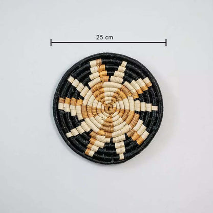 Round bamboo wall plate in black beige brown color showing 25 cm diameter ideal for decorative wall styling.
