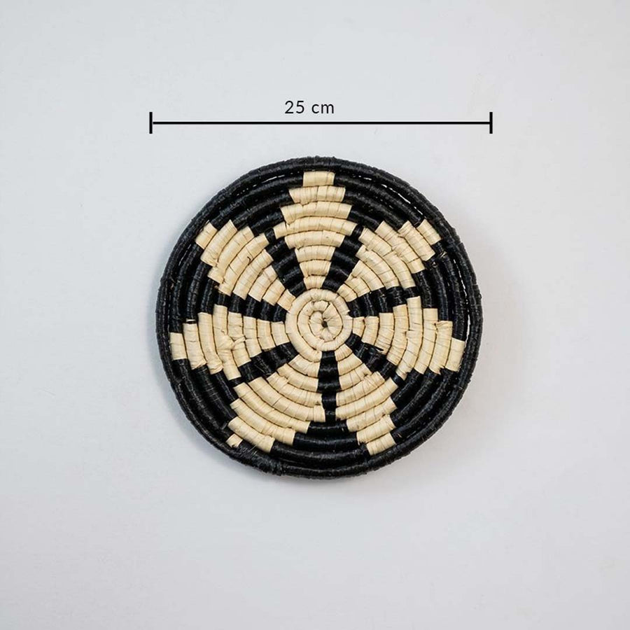 Decorative round wall basket in natural and black tones showing 22 cm diameter designed for layered wall Decor displays.