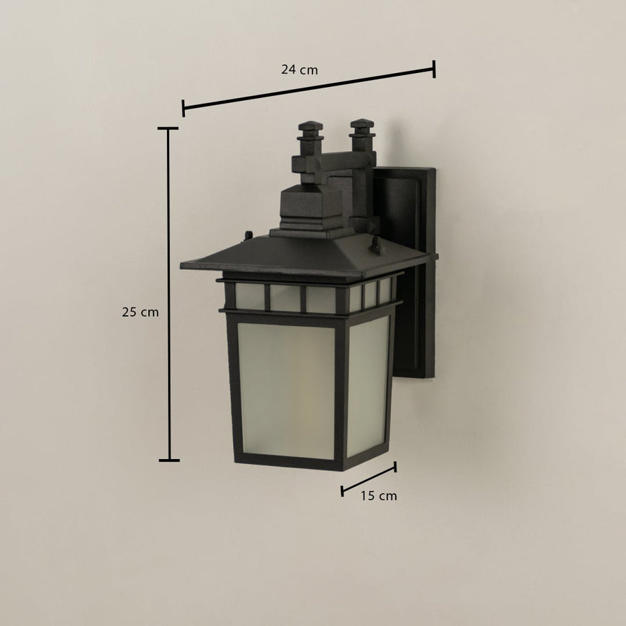 Modern black outdoor wall lantern dimension image with 25 cm height and frosted glass panels for entry pathway decor.