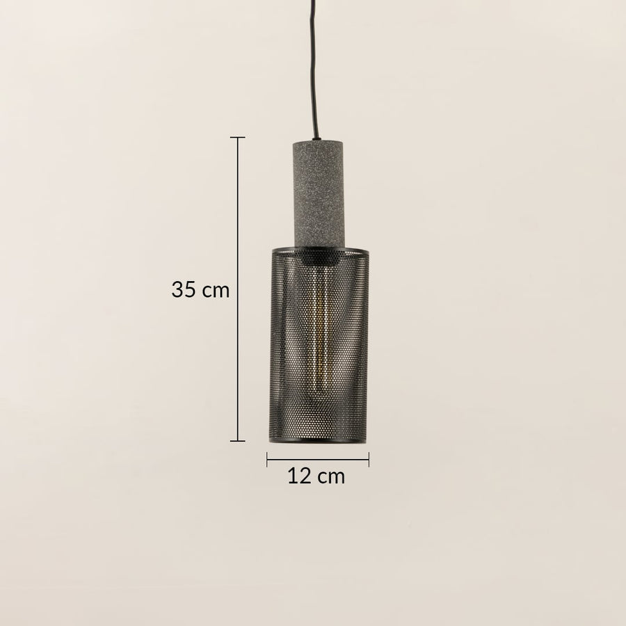 Arlo Mesh pendant light with 35 cm height and 12 cm diameter featuring cylindrical perforated metal shade.