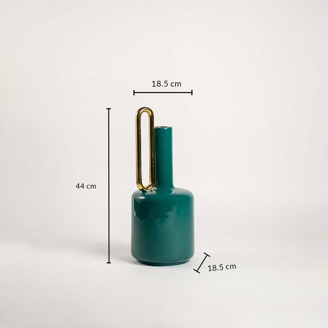 Teal ceramic vase with 44 cm height and 18.5 cm width shown clearly for accurate decor size reference and interior planning needs.