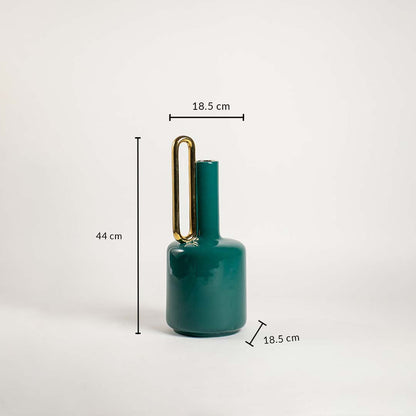 Teal ceramic vase with 44 cm height and 18.5 cm width shown clearly for accurate decor size reference and interior planning needs.